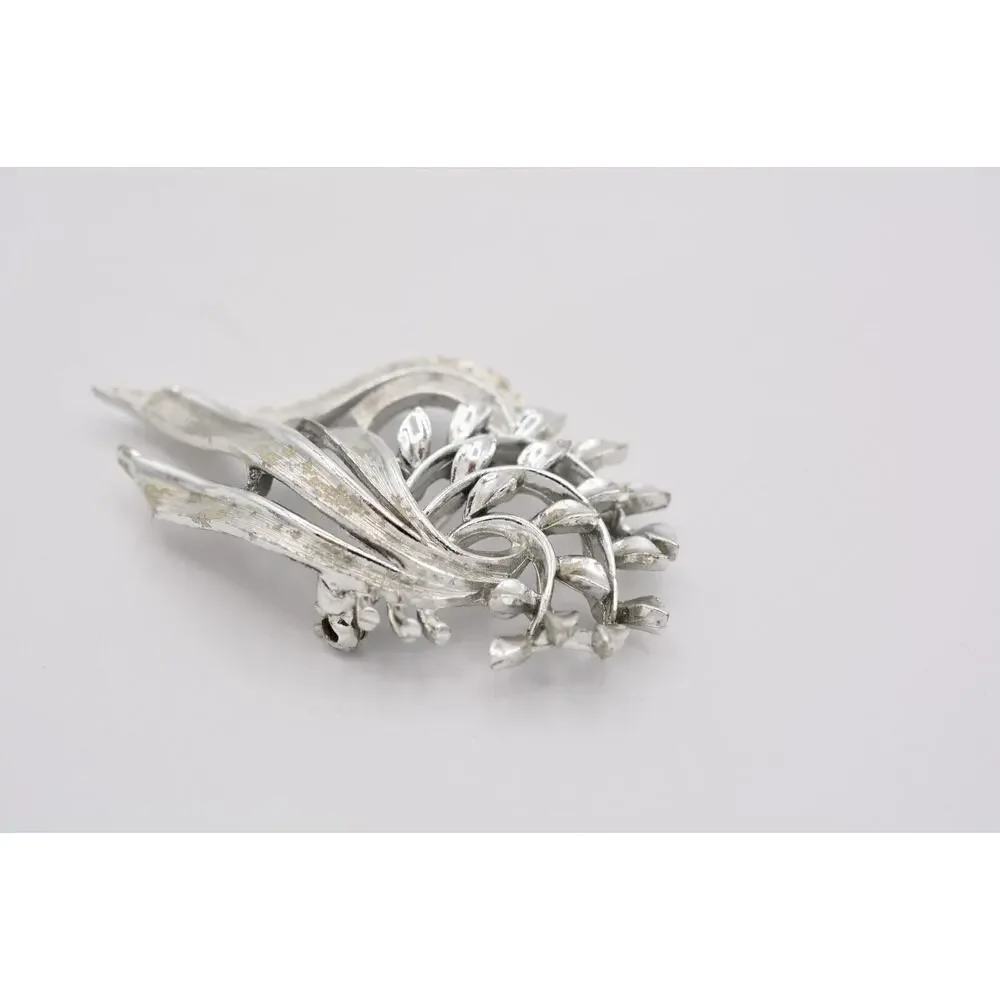 Lisner Vintage Leaf Pin Brooch Floral Textured Silver Shiny Chunky Signed Bin5A